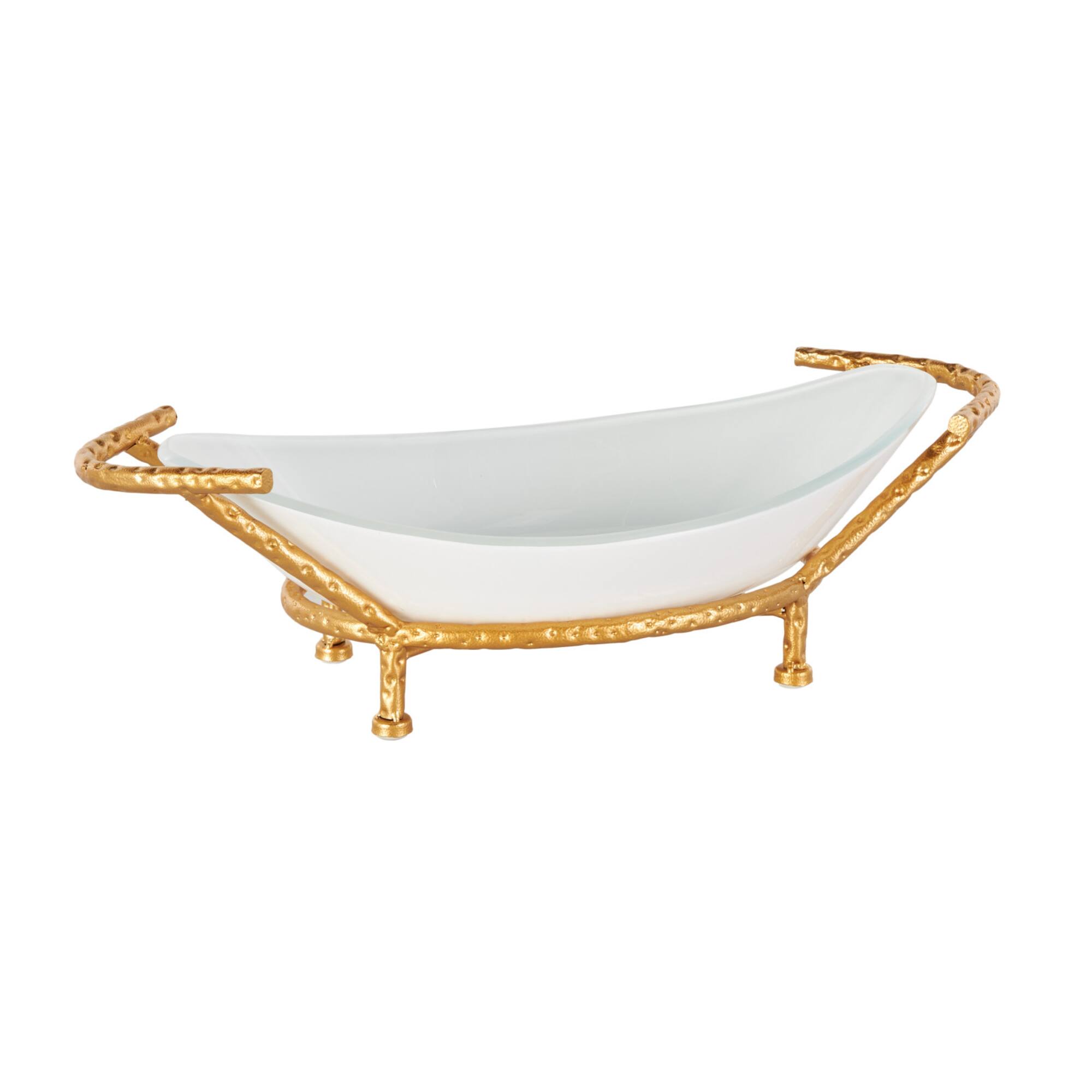 21" x 10" White Tempered Glass Kitchen Serving Bowl with Gold Metal Stand